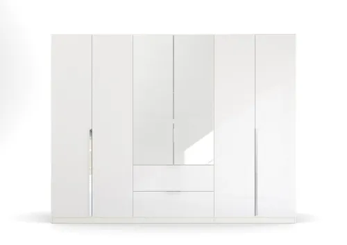Kleiderschrank Drehtürenschrank Glamour | 6-türig | mit Spiegeltüren & Schubkästen | weiß Hochglanz / alpinweiß | 271x210