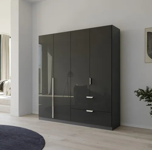 Kleiderschrank Drehtürenschrank Glamour | mit Schubkästen | effektgrau Hochglanz / grau metallic | verschiedene Größen