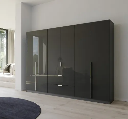 Kleiderschrank Drehtürenschrank Glamour | mit Schubkästen | effektgrau Hochglanz / grau metallic | verschiedene Größen