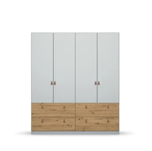 Kleiderschrank Drehtürenschrank Homey | 4-türig | mit Schubkästen | seidengrau / Eiche Artisan | 181x210