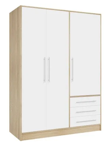 Kleiderschrank Drehtürenschrank Jupp | 3-türig | mit Schubkästen | Sonoma Eiche / weiß | 144,6 x 200 x 60 cm