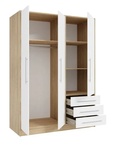 Kleiderschrank Drehtürenschrank Jupp | 3-türig | mit Schubkästen | Sonoma Eiche / weiß | 144,6 x 200 x 60 cm
