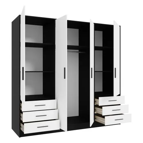 Kleiderschrank Drehtürenschrank Jupp | mit Schubkästen | schwarz / weiß | 206,5 x 200 x 60 cm