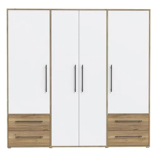 Kleiderschrank Drehtürenschrank Mokko | 4-türig | mit Schubkästen | Mauvella Eiche / weiß