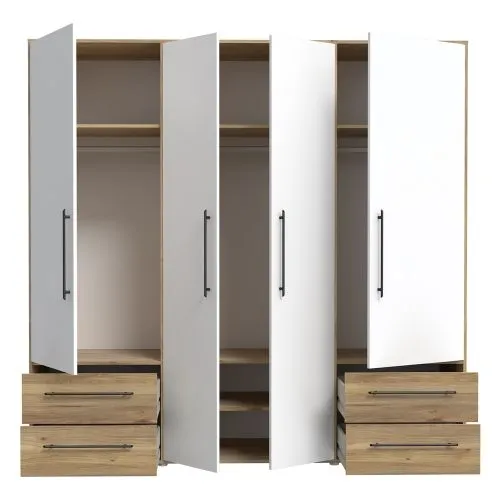 Kleiderschrank Drehtürenschrank Mokko | 4-türig | mit Schubkästen | Mauvella Eiche / weiß