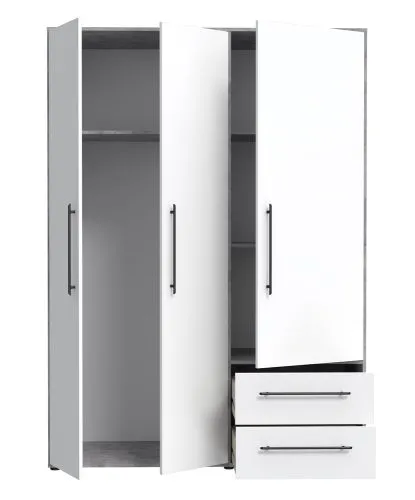 Kleiderschrank Drehtürenschrank Mokko | mit Schubkästen | Betonoptik Lichtgrau / weiß | 144,4 x 200 x 59 cm