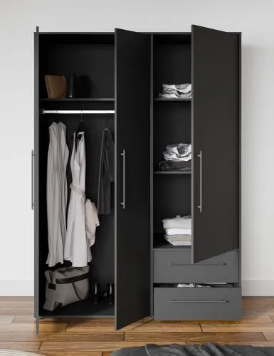 Kleiderschrank Drehtürenschrank Mokko | mit Schubkästen | schwarz | 144,4 x 200 x 59 cm