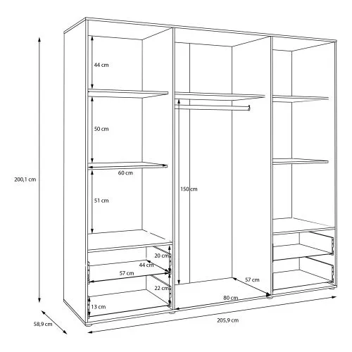 Kleiderschrank Drehtürenschrank Mokko | mit Schubkästen | schwarz | 206 x 200 x 59 cm