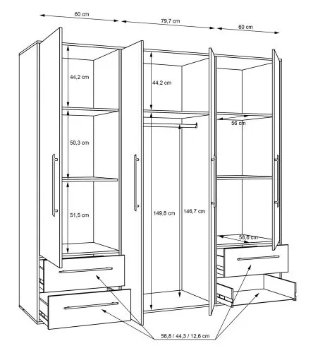 Kleiderschrank Drehtürenschrank Mokko | mit Schubkästen | Sonoma Eiche / weiß | 206 x 200 x 59 cm