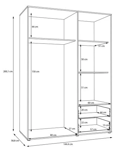 Kleiderschrank Drehtürenschrank Mokko | mit Schubkästen | weiß / Artisan Eiche | 144,4 x 200 x 59 cm
