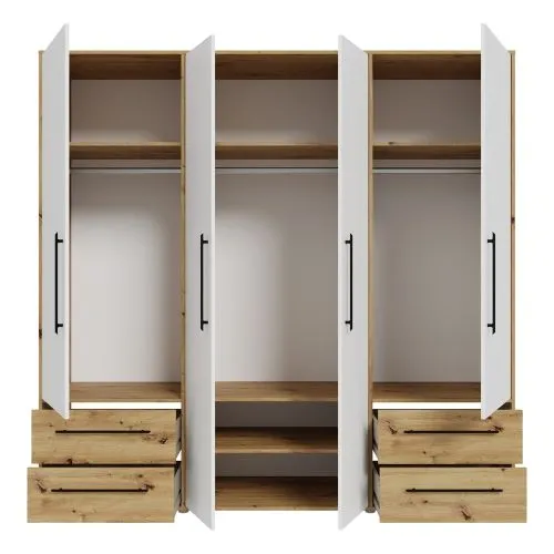 Kleiderschrank Drehtürenschrank Mokko | mit Schubkästen | weiß / Artisan Eiche | 206 x 200 x 59 cm