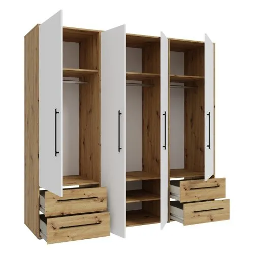 Kleiderschrank Drehtürenschrank Mokko | mit Schubkästen | weiß / Artisan Eiche | 206 x 200 x 59 cm