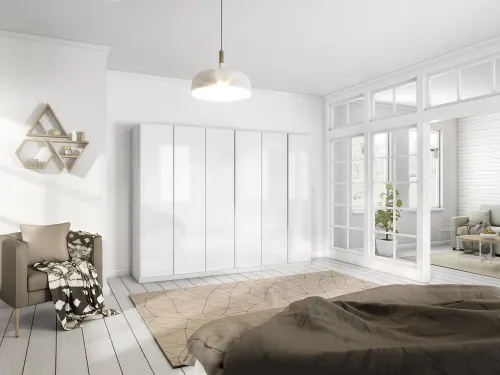 Kleiderschrank Drehtürenschrank Monostar | 6-türig | mit Glastüren | Alpinweiß | 271x210 | mit Schubkasteneinsatz & Wäscheeinteilung