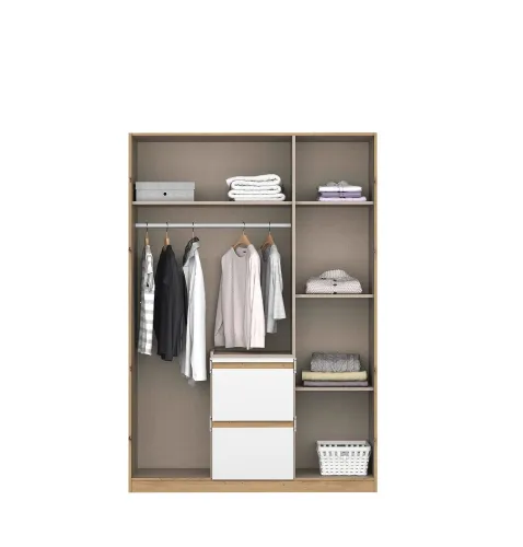 Kleiderschrank Drehtürenschrank Nidda | 3-türig | mit Schubkästen | Alpinweiß / Eiche Artisan
