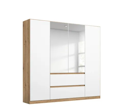 Kleiderschrank Drehtürenschrank Nidda | 4-türig | mit Spiegel | Alpinweiß / Eiche Artisan