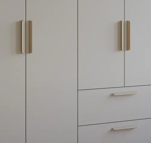 Kleiderschrank Drehtürenschrank Quadra-Spin | 5-türig | mit Schubkästen | seidengrau | 226x210 | Griff Pure