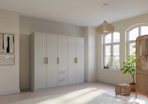 Kleiderschrank Drehtürenschrank Quadra-Spin | 5-türig | mit Schubkästen | seidengrau | 226x210 | Griff Pure