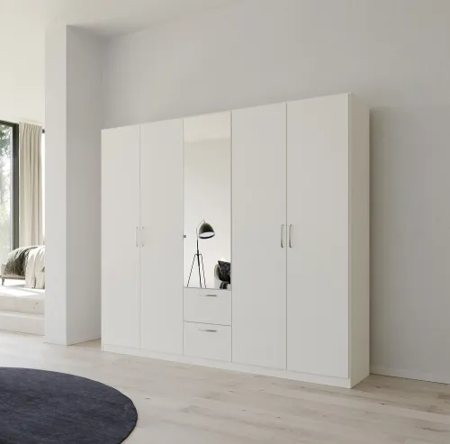 Kleiderschrank Drehtürenschrank Quadra-Spin | 5-türig | mit Spiegeltüren & Schubkästen | alpinweiß | 226x210 | Griff Pure