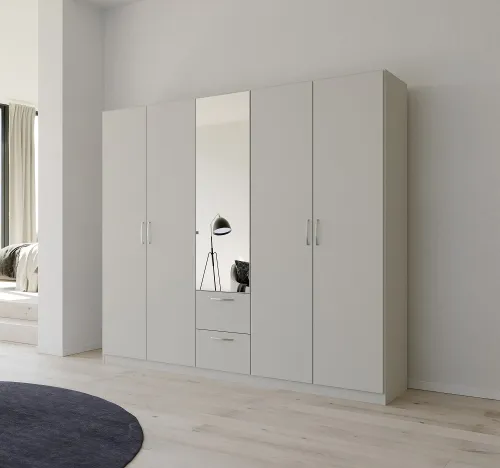 Kleiderschrank Drehtürenschrank Quadra-Spin | 5-türig | mit Spiegeltüren & Schubkästen | seidengrau | 226x210 | Griff Pure