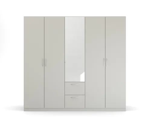 Kleiderschrank Drehtürenschrank Quadra-Spin | 5-türig | mit Spiegeltüren & Schubkästen | seidengrau | 226x210 | Griff Pure