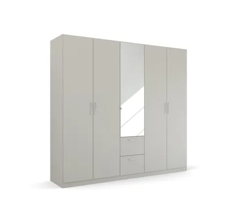 Kleiderschrank Drehtürenschrank Quadra-Spin | 5-türig | mit Spiegeltüren & Schubkästen | seidengrau | 226x210 | Griff Pure