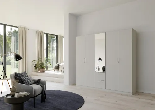 Kleiderschrank Drehtürenschrank Quadra-Spin | 5-türig | mit Spiegeltüren & Schubkästen | seidengrau | 226x210 | Griff Pure