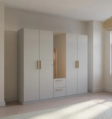 Kleiderschrank Drehtürenschrank Quadra-Spin | 5-türig | mit Spiegeltüren & Schubkästen | seidengrau | 226x210 | Griff Skandi