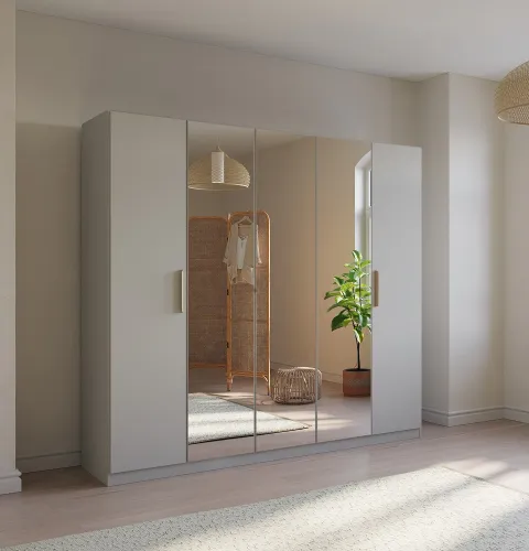 Kleiderschrank Drehtürenschrank Quadra-Spin | 5-türig | mit Spiegeltüren | seidengrau | 226x210 | Griff Skandi