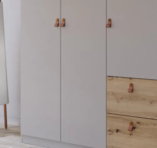 Kleiderschrank Drehtürenschrank Quadra-Spin | 6-türig | mit Schubkästen | seidengrau / Eiche Artisan | 271x210 | Griff Homey