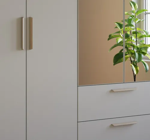 Kleiderschrank Drehtürenschrank Quadra-Spin | 6-türig | mit Spiegeltüren & Schubkästen | seidengrau | 271x210 | Griff Skandi