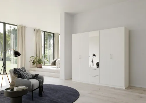 Kleiderschrank Drehtürenschrank Quadra-Spin | mit Spiegeltüren & Schubkästen | alpinweiß | Griff