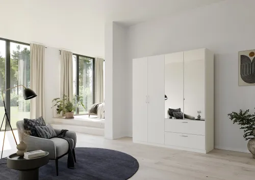 Kleiderschrank Drehtürenschrank Quadra-Spin | mit Spiegeltüren & Schubkästen | alpinweiß | Griff