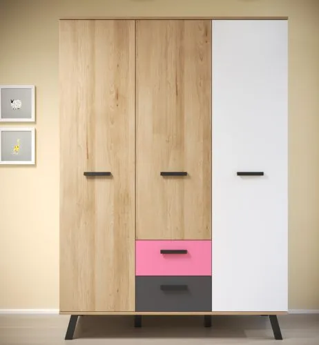 Kleiderschrank Mats Color | 3-türig | Bianco Buche / blau oder rosa