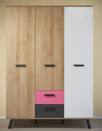 Kleiderschrank Mats Color | 3-türig | Bianco Buche / blau oder rosa