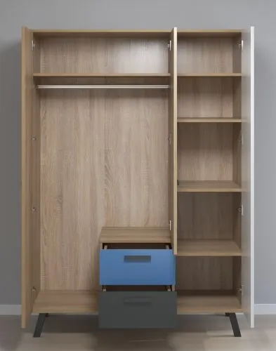 Kleiderschrank Mats Color | 3-türig | Bianco Buche / blau oder rosa