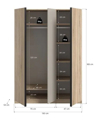 Kleiderschrank Oakland | mit 3 Türen & 4 Einlegeböden | Sonoma Eiche