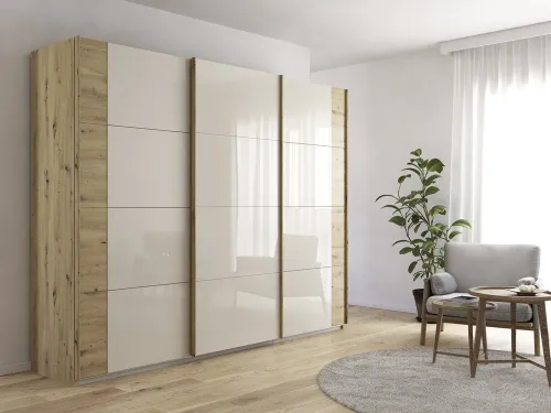 Kleiderschrank Schwebetürenschrank Artemis | mit Glastüren | Eiche Artisan / champagner | verschiedene Größen
