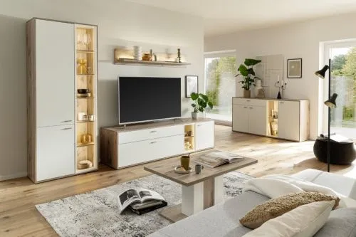 Kombi-Vitrine Santerno | Soft white / Viking Oak | LED Beleuchtung