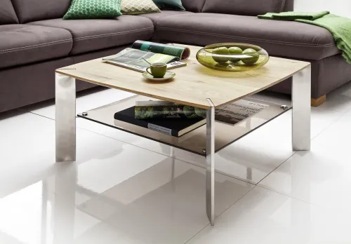 Couchtisch Nelia | Asteiche massiv | mit Glasablage | 80x80 | Eiche