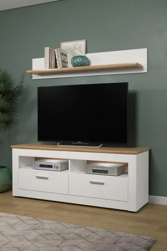 Lowboard TV-Schrank Shade | Andersen Pinie weiß / Artisan Eiche | Landhausstil | mit 2er Set LED Unterbauspots