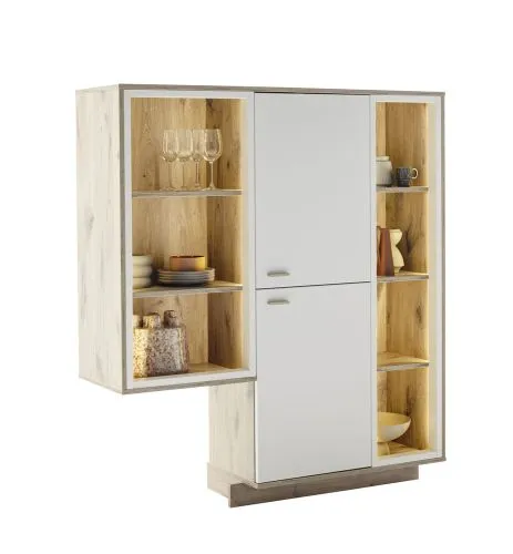 Regalschrank Highboard Santerno | Soft white / Viking Oak | LED Beleuchtung