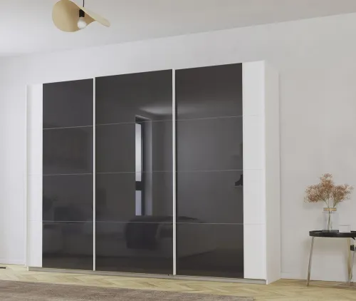 Schwebetürenschrank Artemis | mit Glastüren | alpinweiß / basalt grau | verschiedene Größe