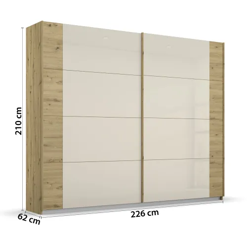 Schwebetürenschrank Artemis mit Glastüren | Eiche Artisan / champagner | 226 x 210 x 62 cm