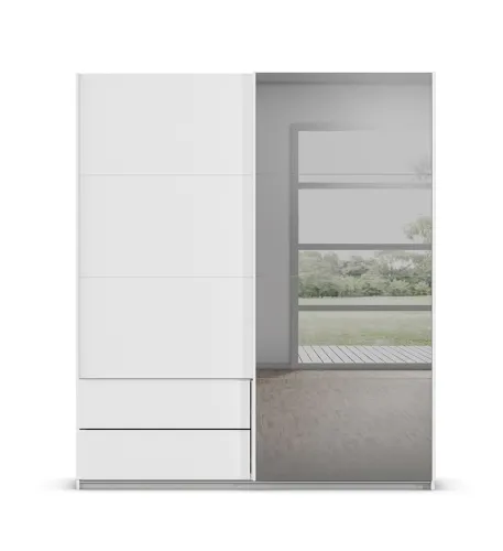 Schwebetürenschrank Elara mit Spiegel in grau | alpinweiß | 181 x 210 x 62 cm