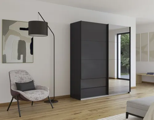 Schwebetürenschrank Elara mit Spieffffü88gel in grau | grau metallic | 181 x 210 x 62 cm
