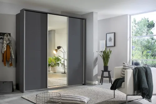 Schwebetürenschrank Kulmbach | 3-türig | mit Spiegel & Zubehör | grau metallic | verschiedene Größen