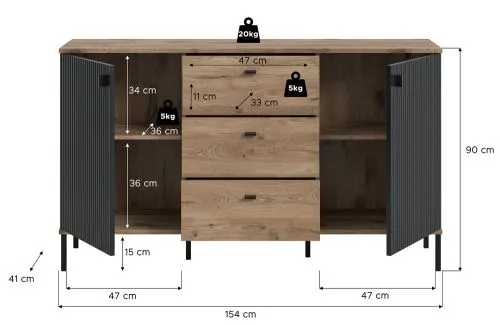 Sideboard Chess | mit 3 Schubkästen | Nox Oak / schwarz