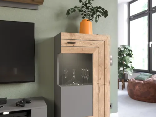 Standschrank Kommode Freno | grau matt / Nox Oak | mit 2er Set LED Unterbauspot