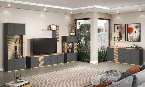 Vitrine Hochschrank Norris | grau / Coast Evoke Oak | 80 cm x 205 cm x 37 cm 1 Set LED Unterbauspot