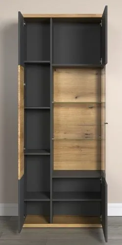 Vitrine Hochschrank Norris | grau / Coast Evoke Oak | 80 cm x 205 cm x 37 cm 2er Set Glasbodenclips
